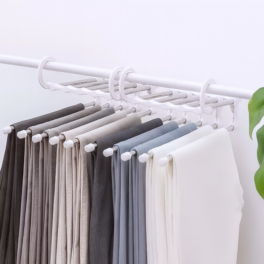 Percha Multi-Pantalones 5 en 1 – Ahorra Espacio y Mantén tu Ropa Impecable