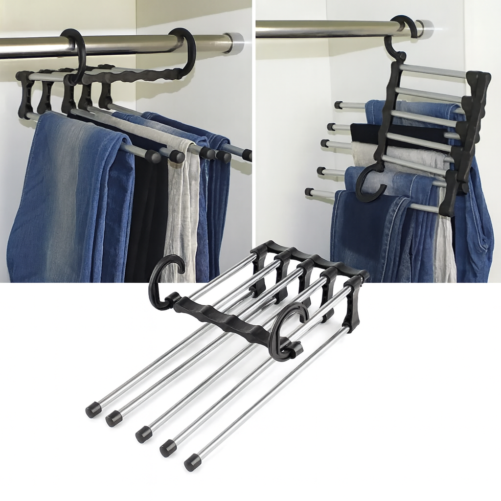 Percha Multi-Pantalones 5 en 1 – Ahorra Espacio y Mantén tu Ropa Impecable