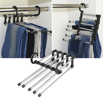 Percha Multi-Pantalones 5 en 1 – Ahorra Espacio y Mantén tu Ropa Impecable