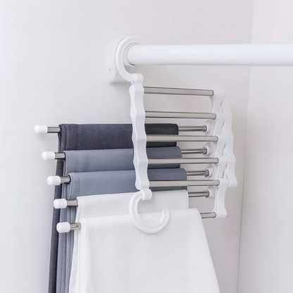 Percha Multi-Pantalones 5 en 1 – Ahorra Espacio y Mantén tu Ropa Impecable